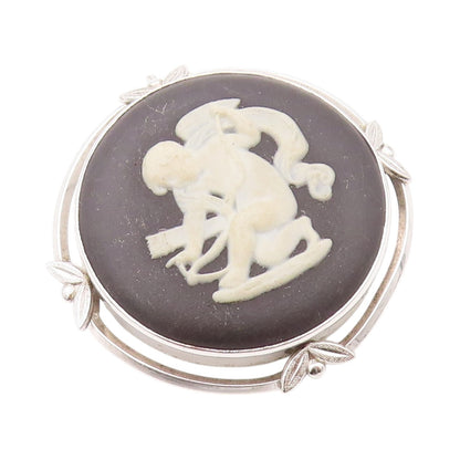 925 Sterling Silver Vintage Brooch  WEDGWOOD black Jasper Cameo  BP11551