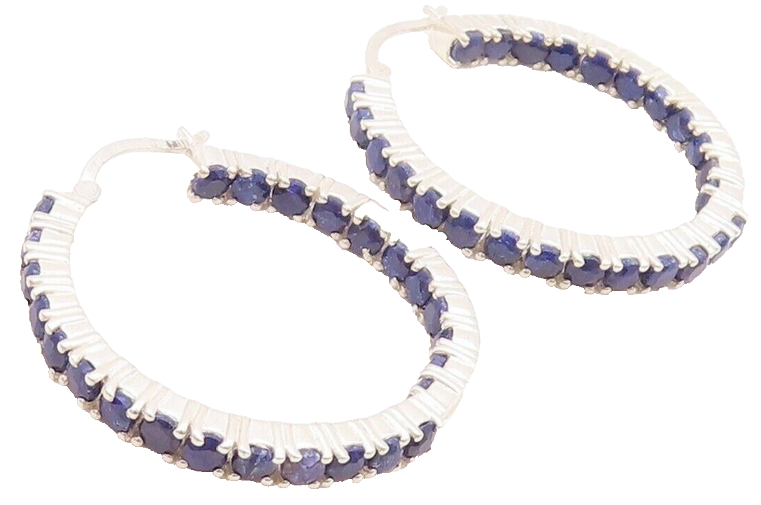 925 Sterling Silver Vintage Earrings Minimalist Sapphire Inlay Hoops  EG13155