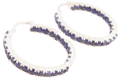 925 Sterling Silver Vintage Earrings Minimalist Sapphire Inlay Hoops  EG13155