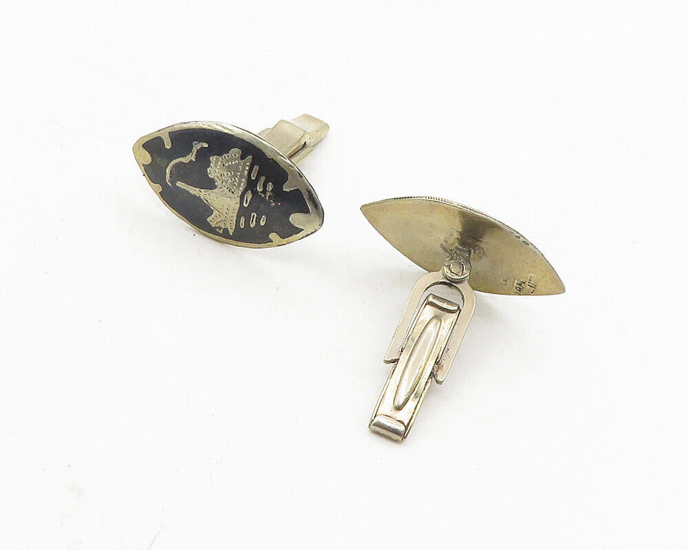 SIAM 925 Sterling Silver  Vintage Black Enamel Dragon Boat Cuff Links  TR1747