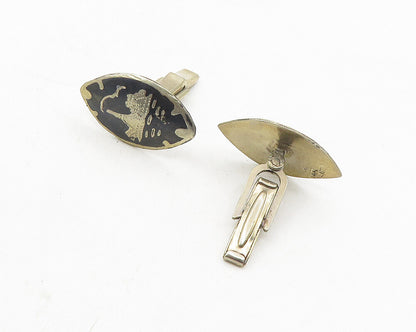 SIAM 925 Sterling Silver  Vintage Black Enamel Dragon Boat Cuff Links  TR1747