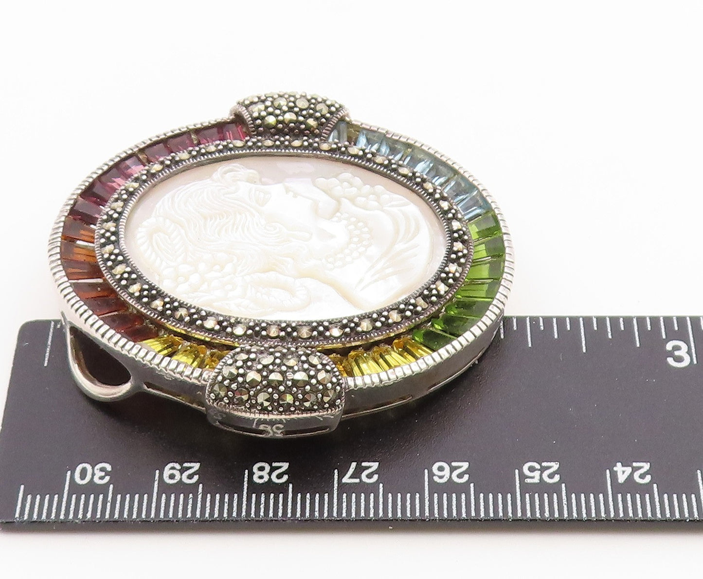 925 Sterling Silver Vintage Brooch Pin Multi Gemstone Cameo Portrait  BP12650