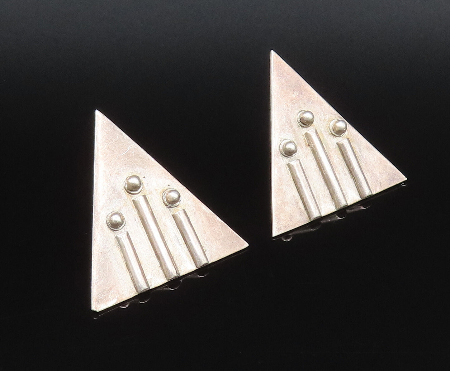 925 Silver  Vintage 3D Lines & Beads Modernist Triangle Earrings  EG12268