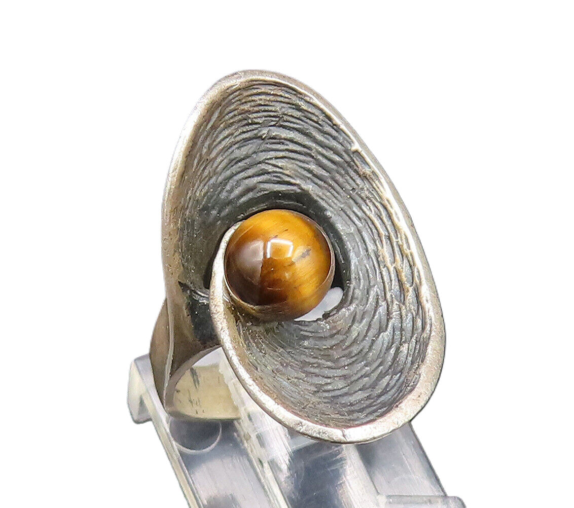 925 Silver  Vintage Textured Open Hole Round Tiger's Eye Ring Sz 5.5  RG25839