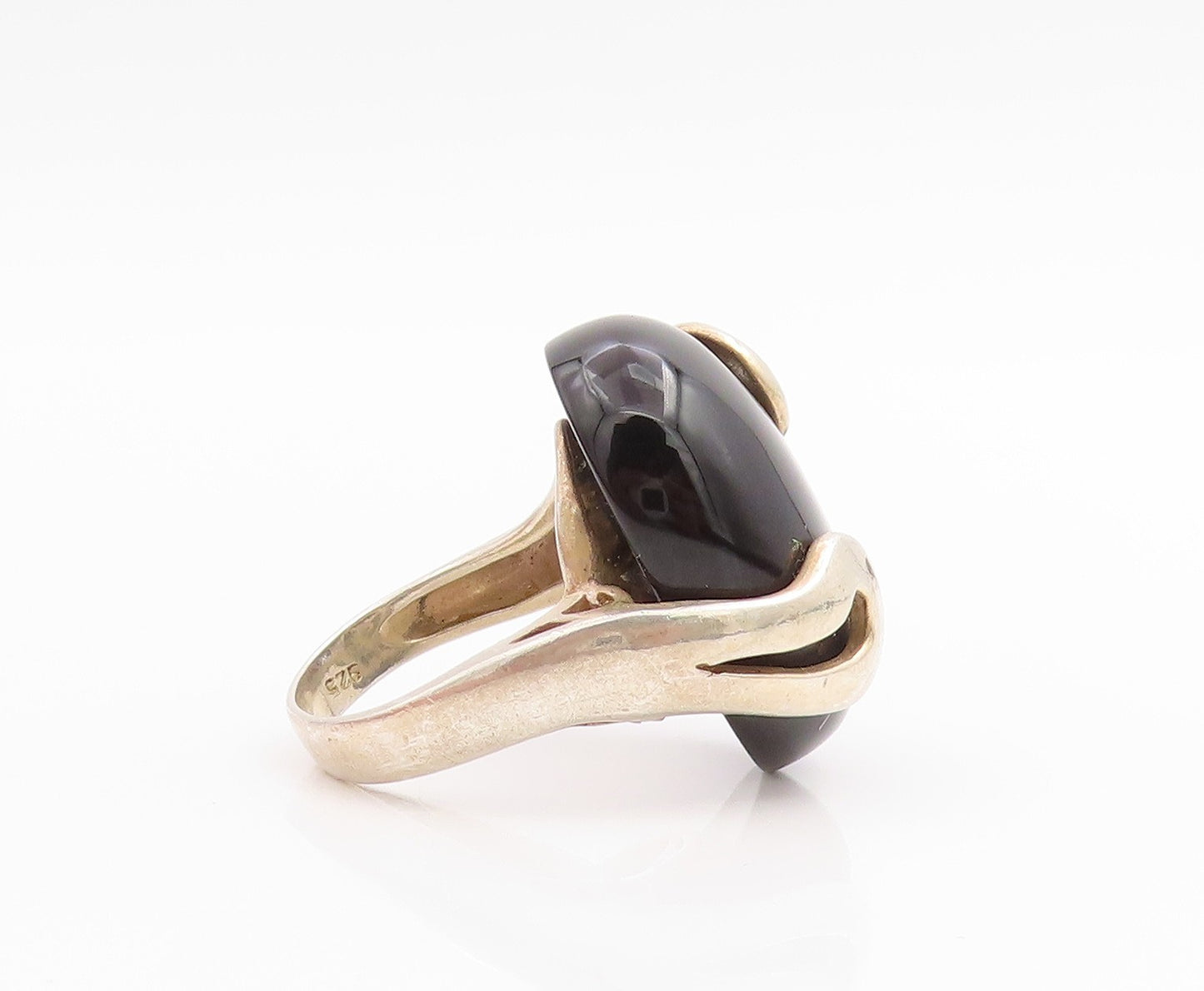 925 Sterling Silver Vintage Ring Large Cabochon Onyx Wave Band  Sz 8.5  RG33806