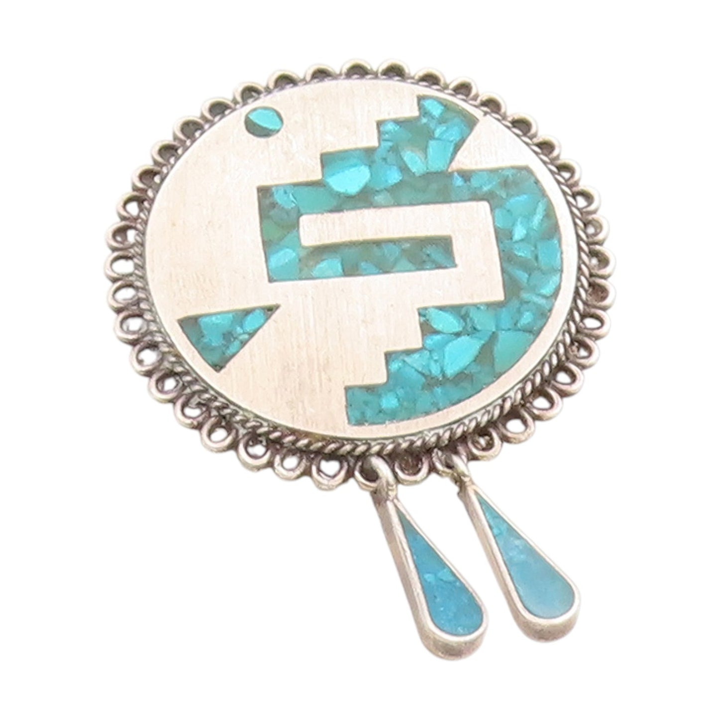 925 Sterling Silver Vintage Brooch MEXICO Aztec Crushed Turquoise Inlay  BP11858