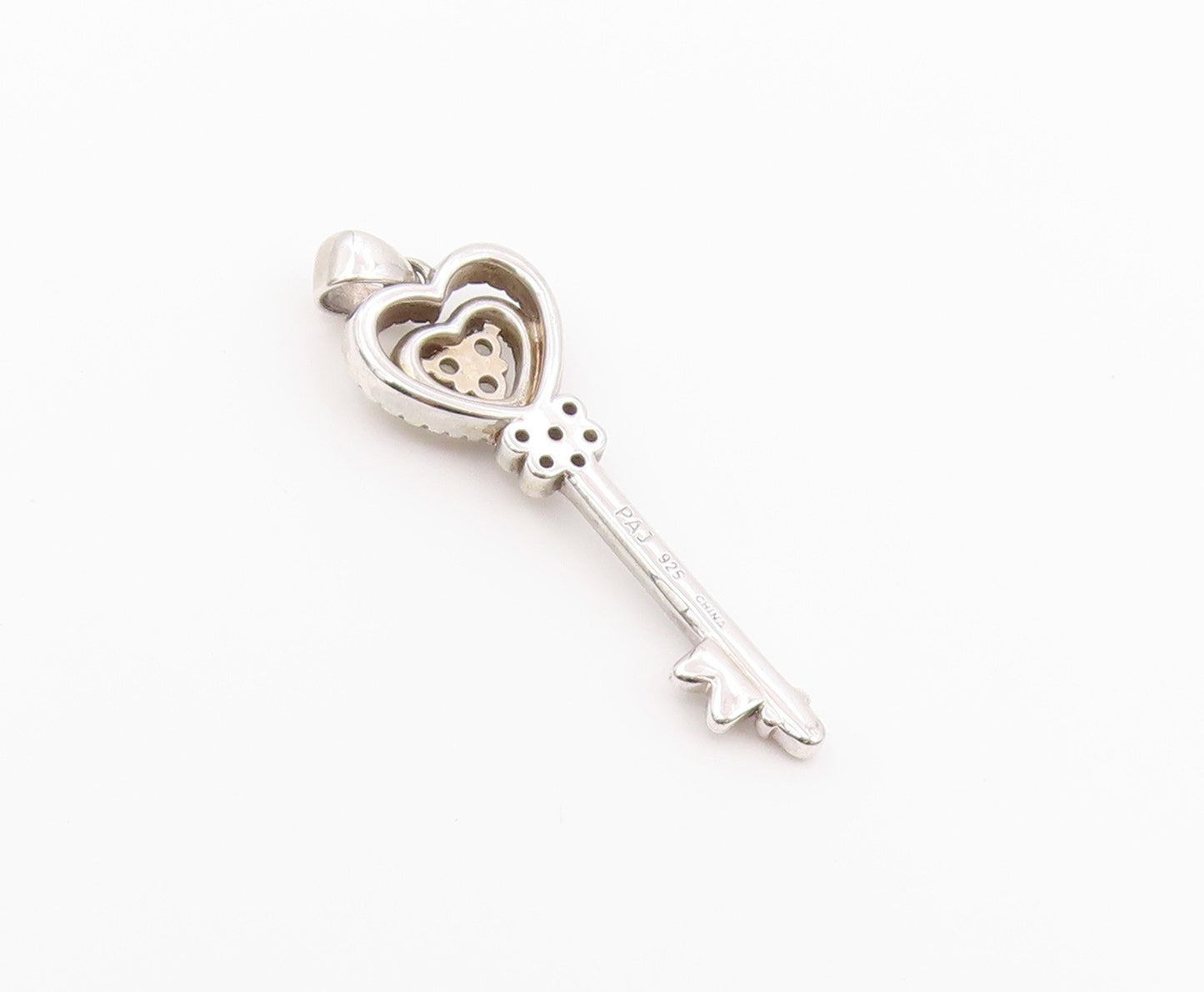 925 Sterling Silver Vintage Pendant PAJ CZ Pave Love Heart Key Charm  PT26430