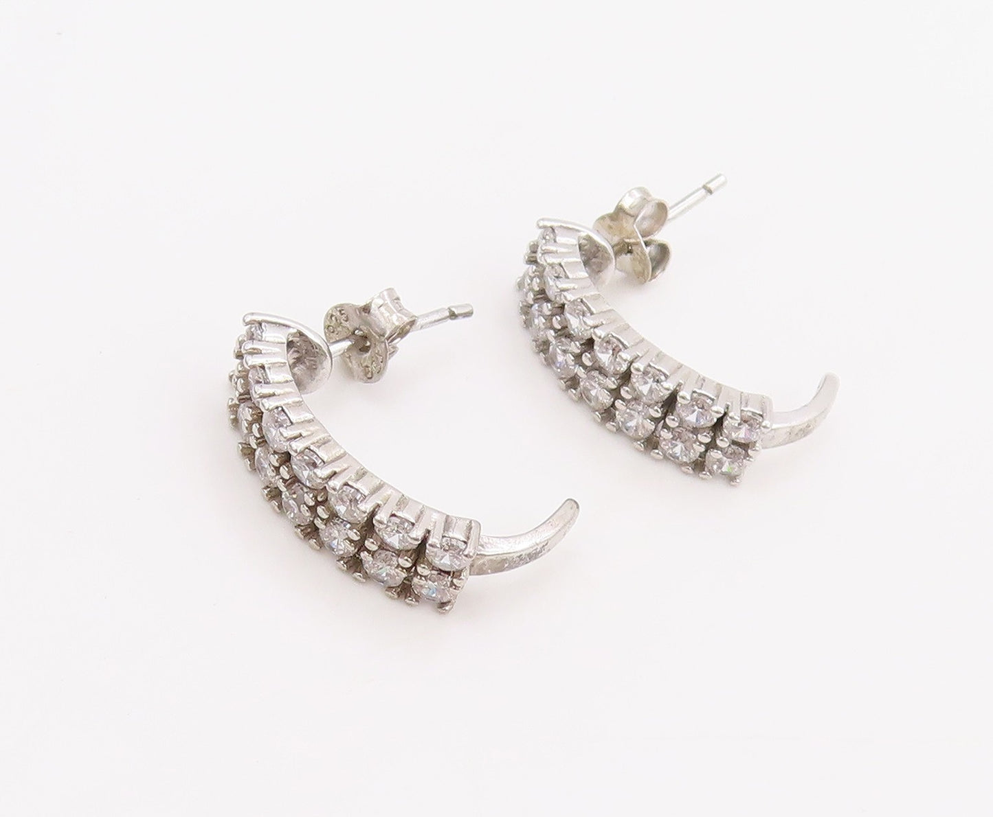 925 Sterling Silver Vintage Earrings Round CZ Curved Crescent Moon Studs  EG1093