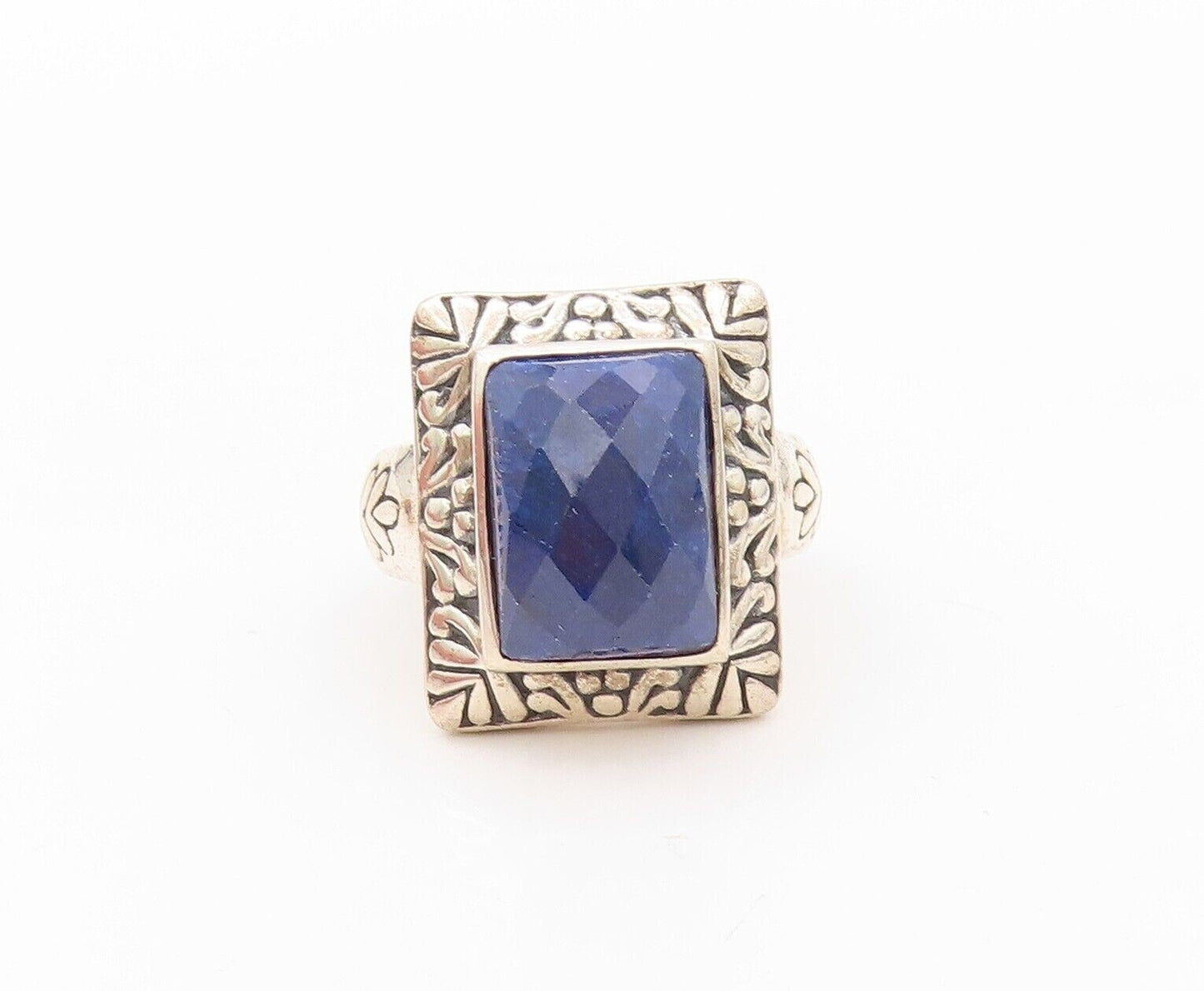 925 Sterling Silver Vintage Ring Blue Gemstone Swirly Carved Frame Sz 8  RG30279
