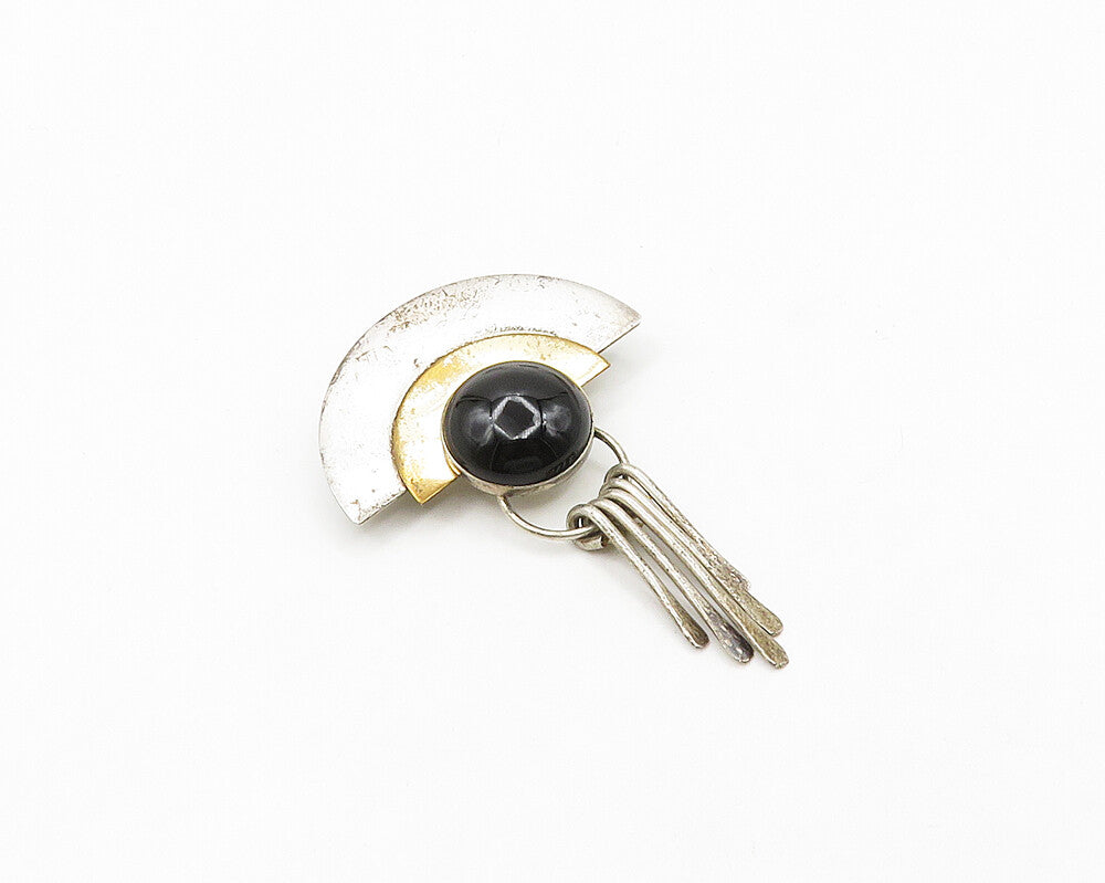 DESIGNER 925 Silver  Vintage Cabochon Cut Black Onyx 2 Tone Brooch Pin  BP7693