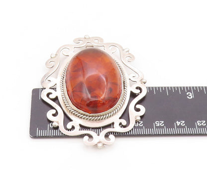 925 Sterling Silver Vintage Brooch Large Cabochon Honey Amber Scroll Pin BP12278
