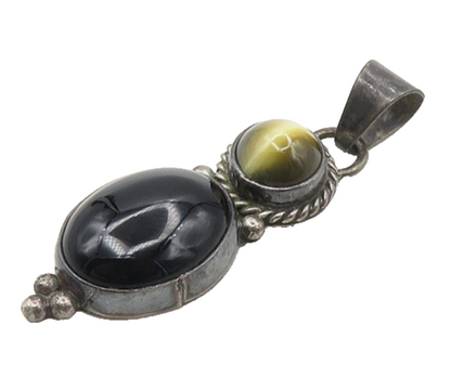 NAVAJO 925 Sterling Silver  Vintage Tiger's Eye & Black Onyx Pendant  PT14313