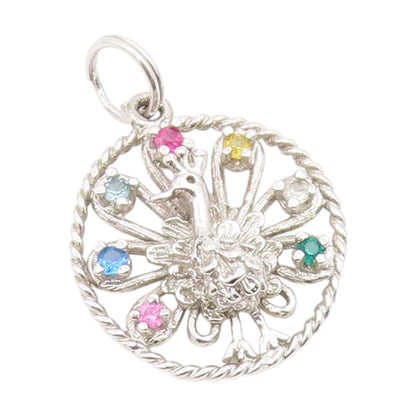 925 Sterling Silver Vintage Pendant Multi Gemstone Elegant Peacock Bird  PT25909