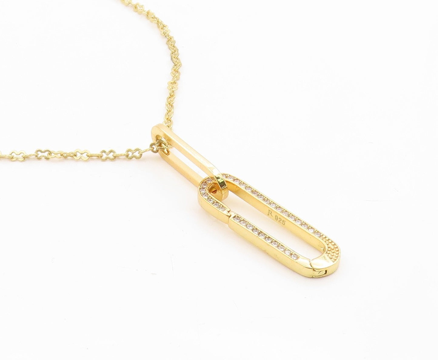 925 Sterling Silver Vintage Necklace Gold Plated CZ Pave Paperclip Drop  NE4869