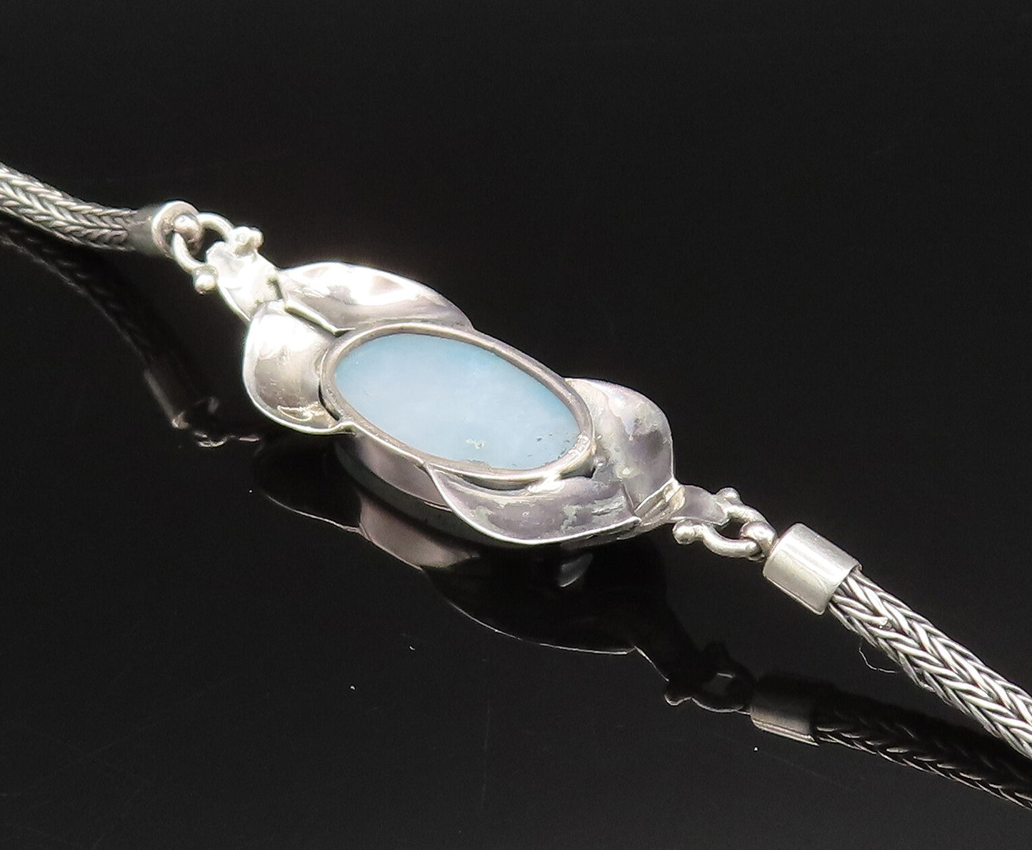 925 Silver  Vintage Blue Drusy Quartz & Etched Leaves Chain Bracelet  BT9674