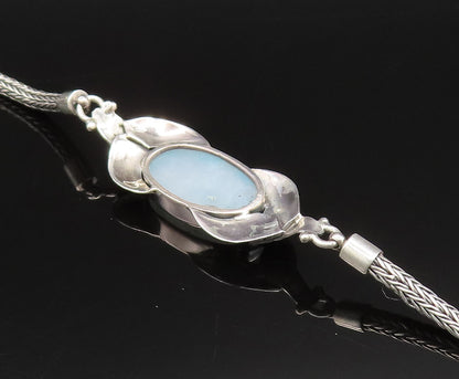 925 Silver  Vintage Blue Drusy Quartz & Etched Leaves Chain Bracelet  BT9674