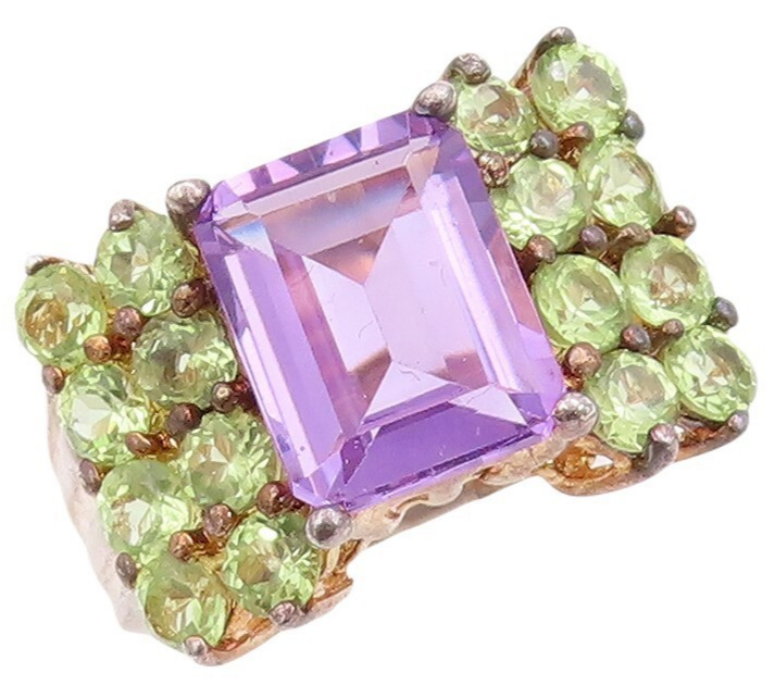 925 Sterling Silver Vintage Ring Rose Gold Plated Amethyst Peridot Sz 8  RG30639