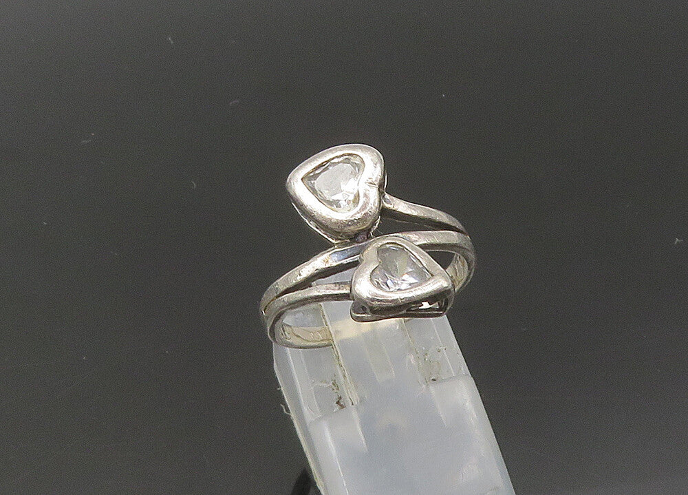 925 Sterling Silver  Vintage Topaz Love Hearts Bypass Band Ring Sz 6  RG22133