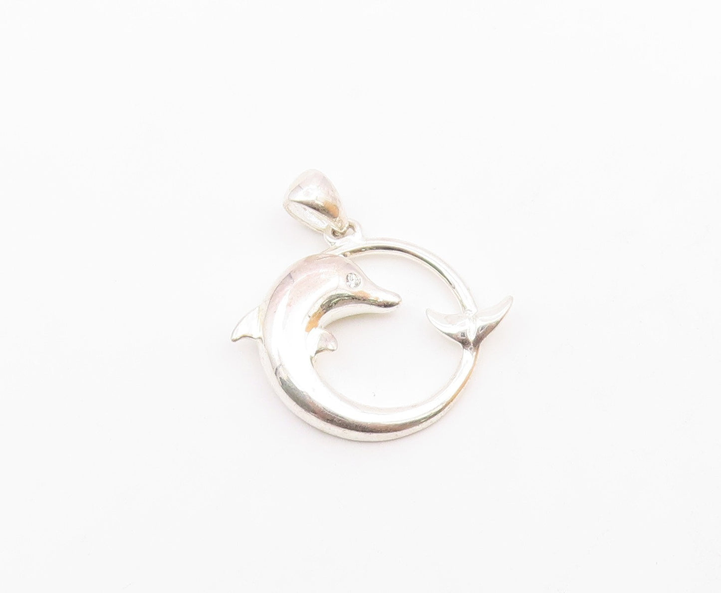 925 Sterling Silver  Vintage Coiled Dolphin With Topaz Eye Pendant  PT20703