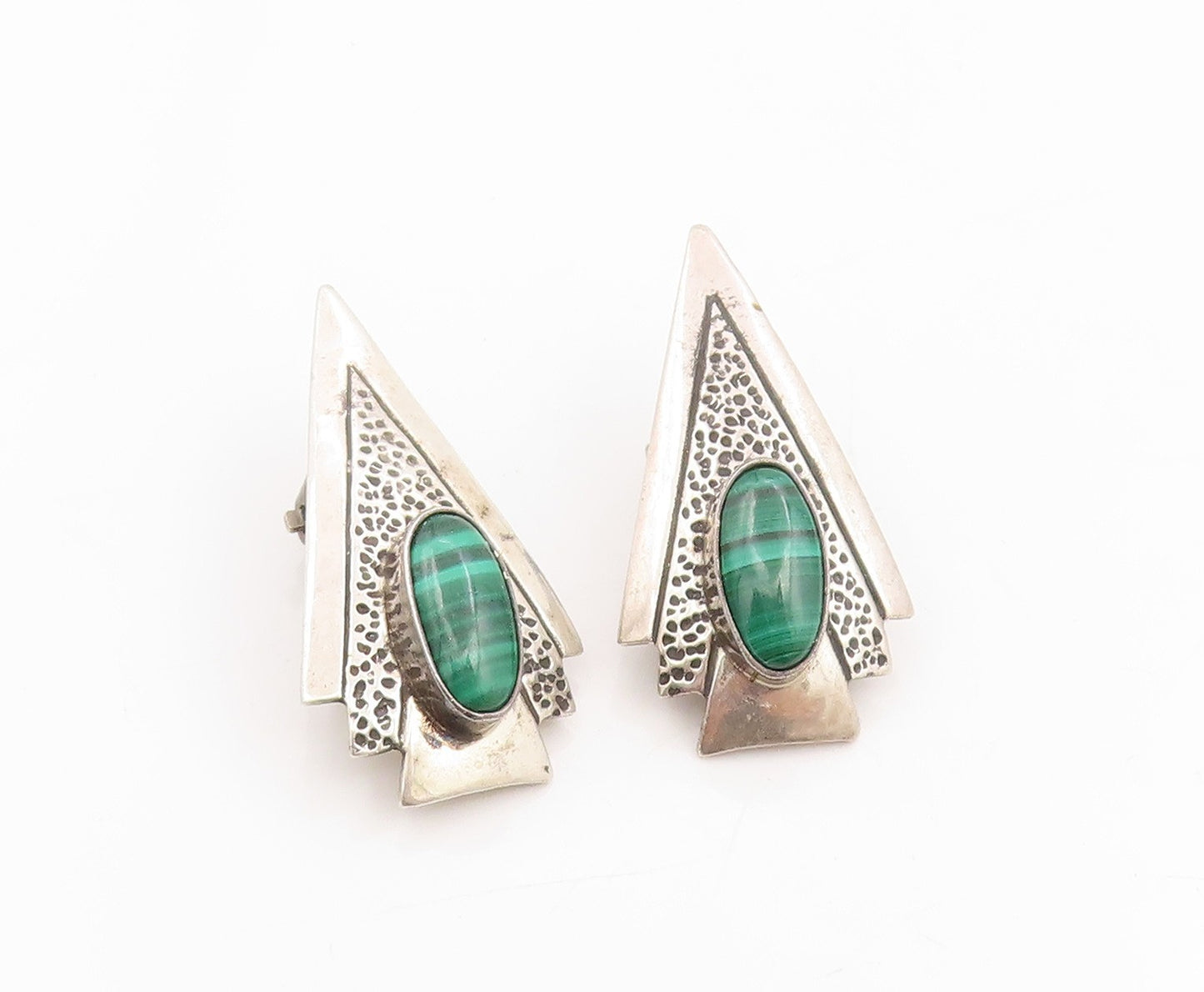 925 Sterling Silver Vintage Earrings MJ NAVAJO Classic Malachite Clip On EG14348