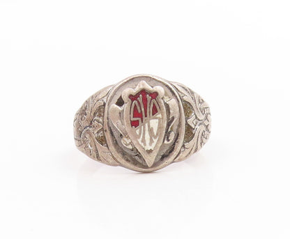 925 Sterling Silver Vintage Ring Antique Enameled Emblem Band  Sz 9.5  RG34055