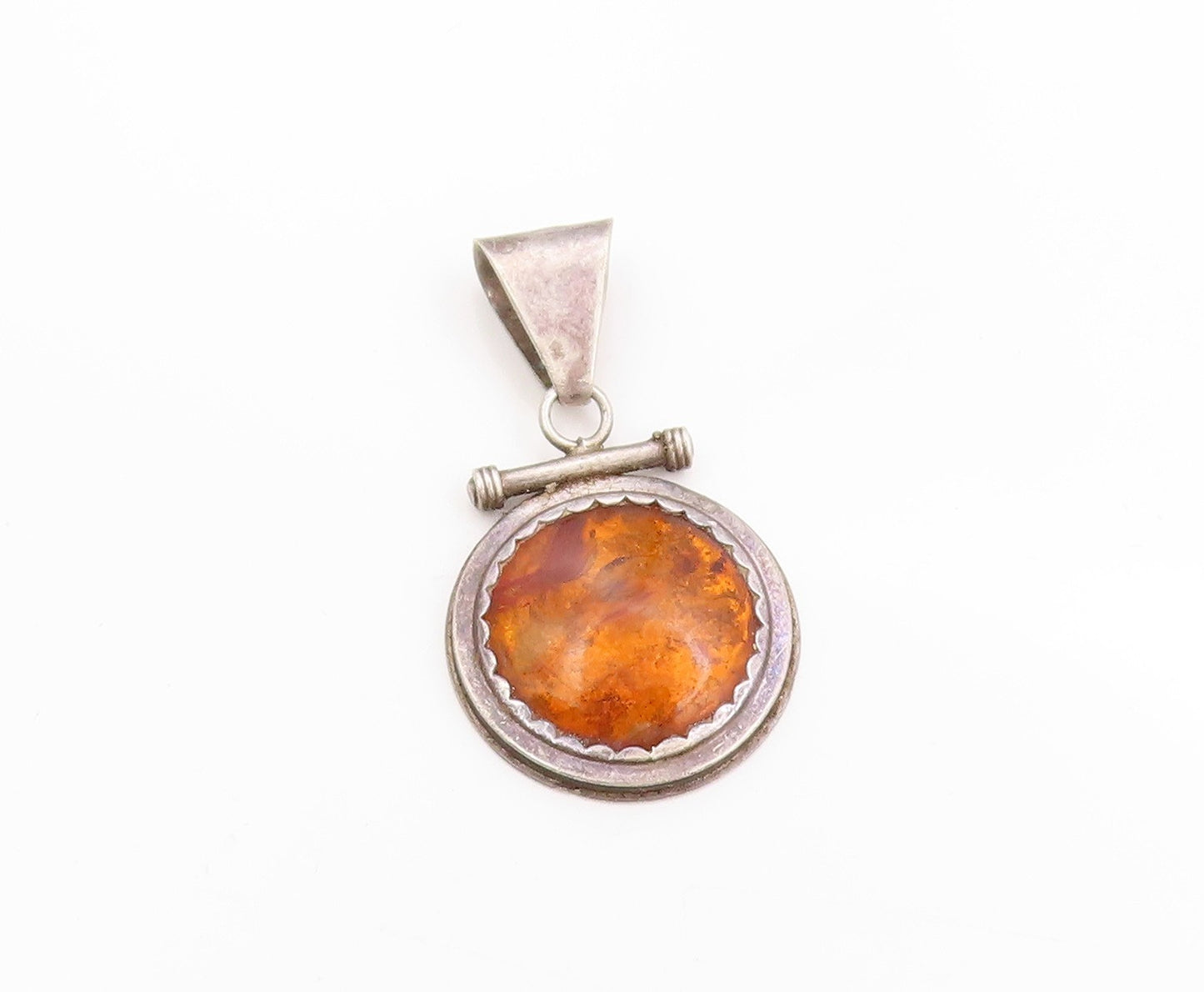 925 Sterling Silver Vintage Pendant Cabochon Honey Amber Toggle Design  PT25047