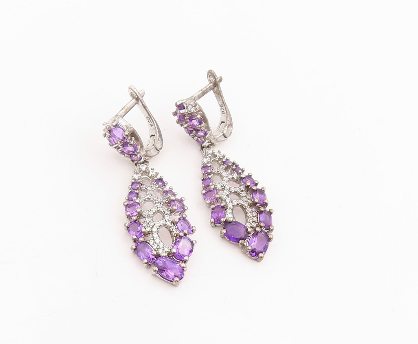 925 Sterling Silver Vintage Earrings Amethyst & CZ Marquise Cluster Drop EG13837