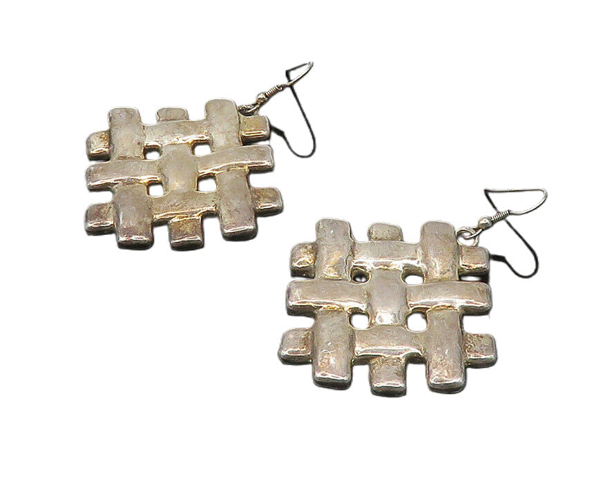 925 Sterling Silver  Vintage Shiny Woven Design Square Dangle Earrings  EG9451