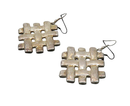 925 Sterling Silver  Vintage Shiny Woven Design Square Dangle Earrings  EG9451