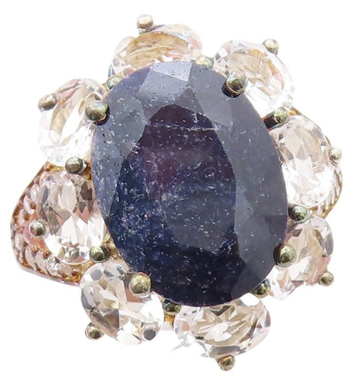 925 Sterling Silver Vintage Ring Sapphire & Topaz Inlay Flower  Sz 9  RG30670