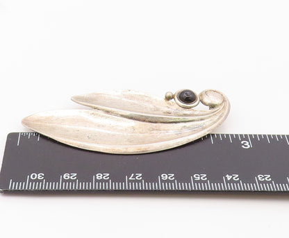 925 Sterling Silver Vintage Brooch Pin Onyx Modernist Sculptural Leaf  BP12574