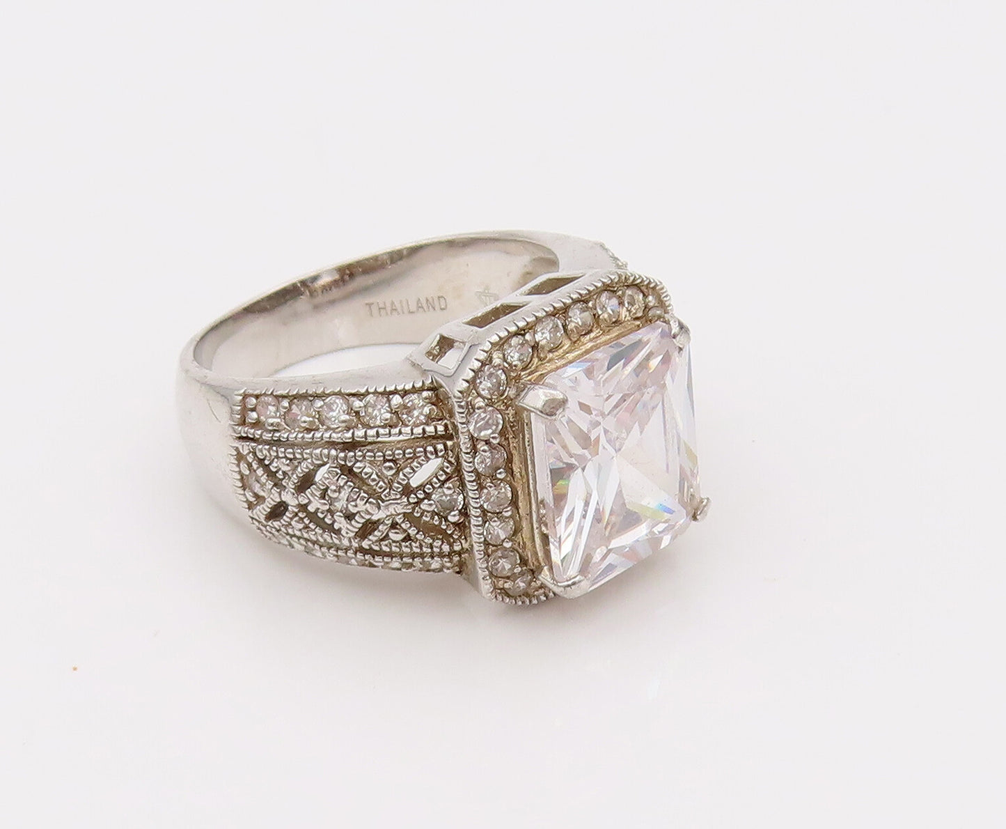 925 Sterling Silver Vintage CZ Square Head Designed Shoulder Ring Sz 10  RG26542