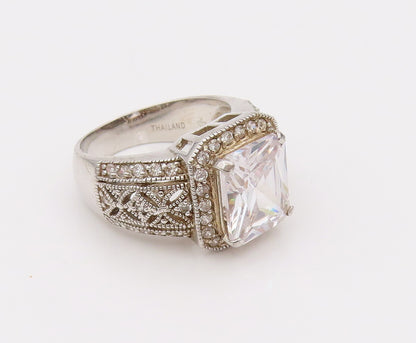 925 Sterling Silver Vintage CZ Square Head Designed Shoulder Ring Sz 10  RG26542