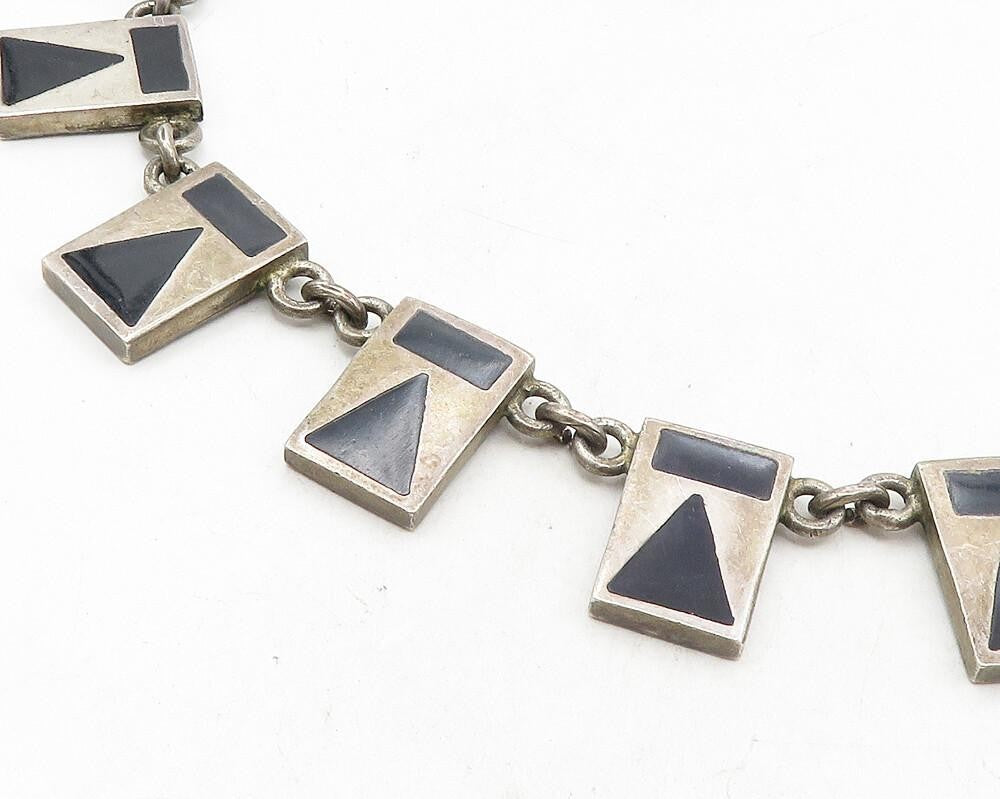 MEXICO 925 Sterling Silver Vintage Inlaid Black Stone Chain Necklace  NE1967