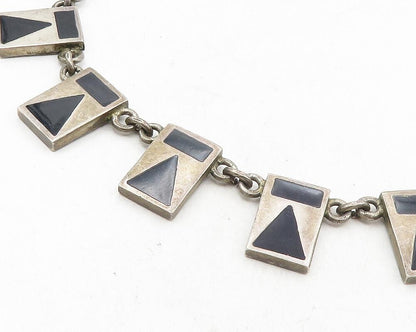 MEXICO 925 Sterling Silver Vintage Inlaid Black Stone Chain Necklace  NE1967
