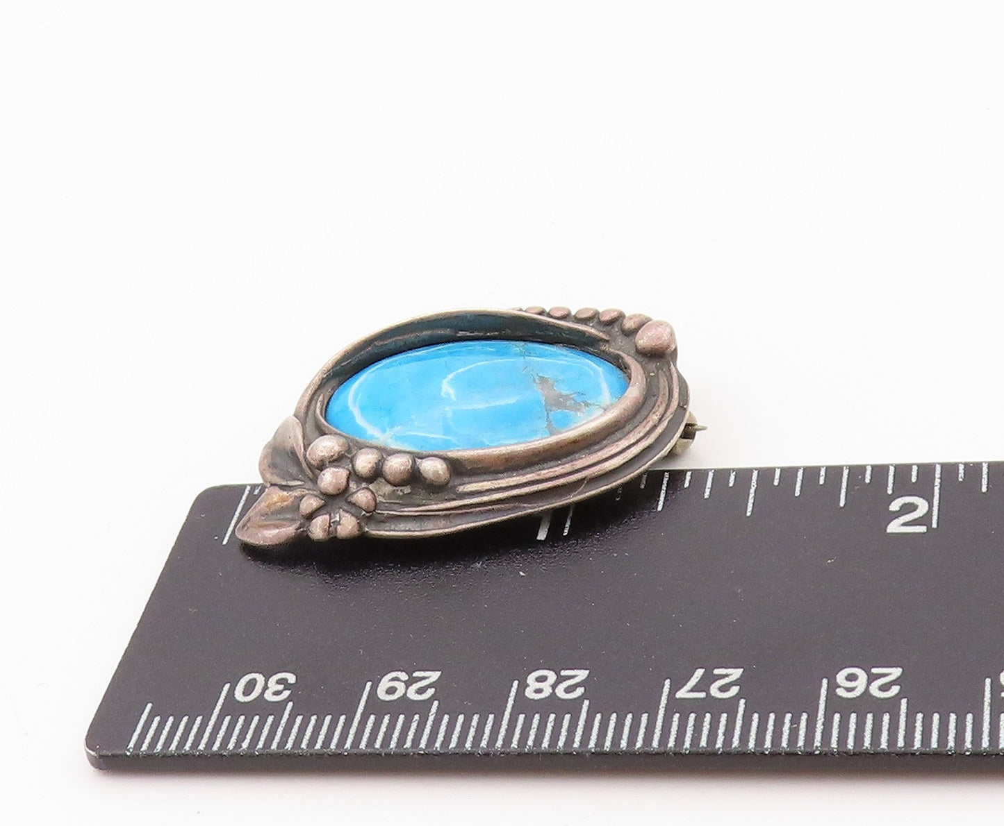 925 Sterling Silver Vintage Brooch Dark Tone Framed Oval Turquoise  BP11582