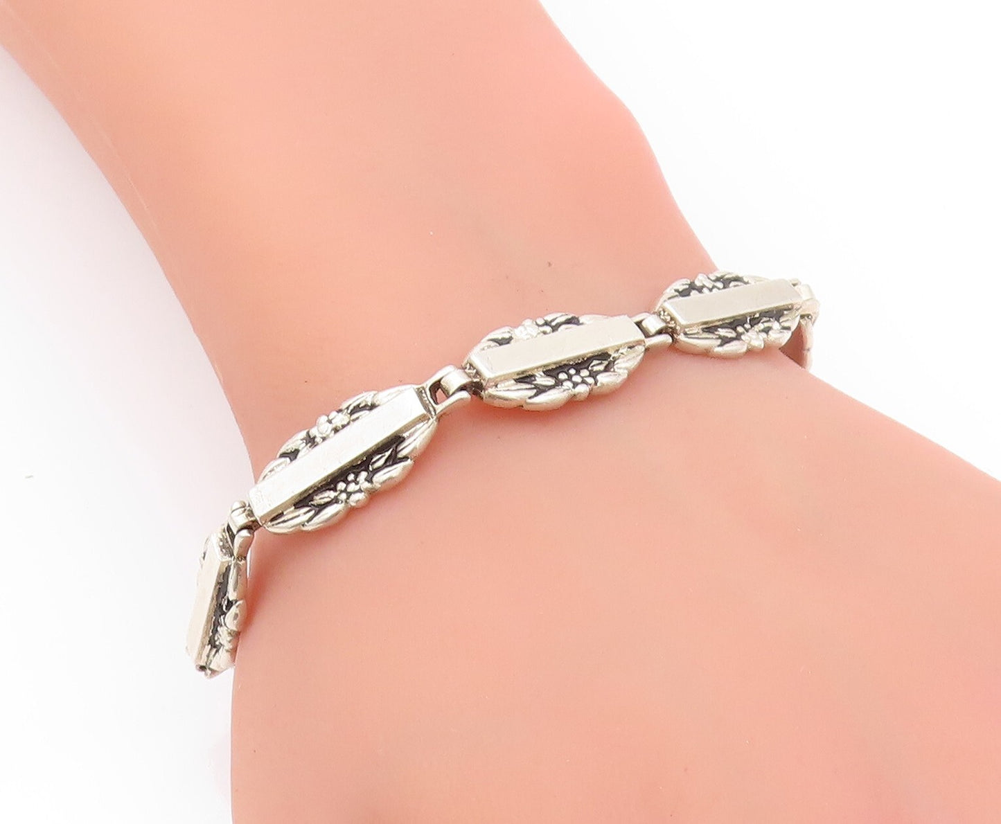 925 Sterling Silver Vintage Bracelet Slab & Floral Carved Hinged Band  BT11141