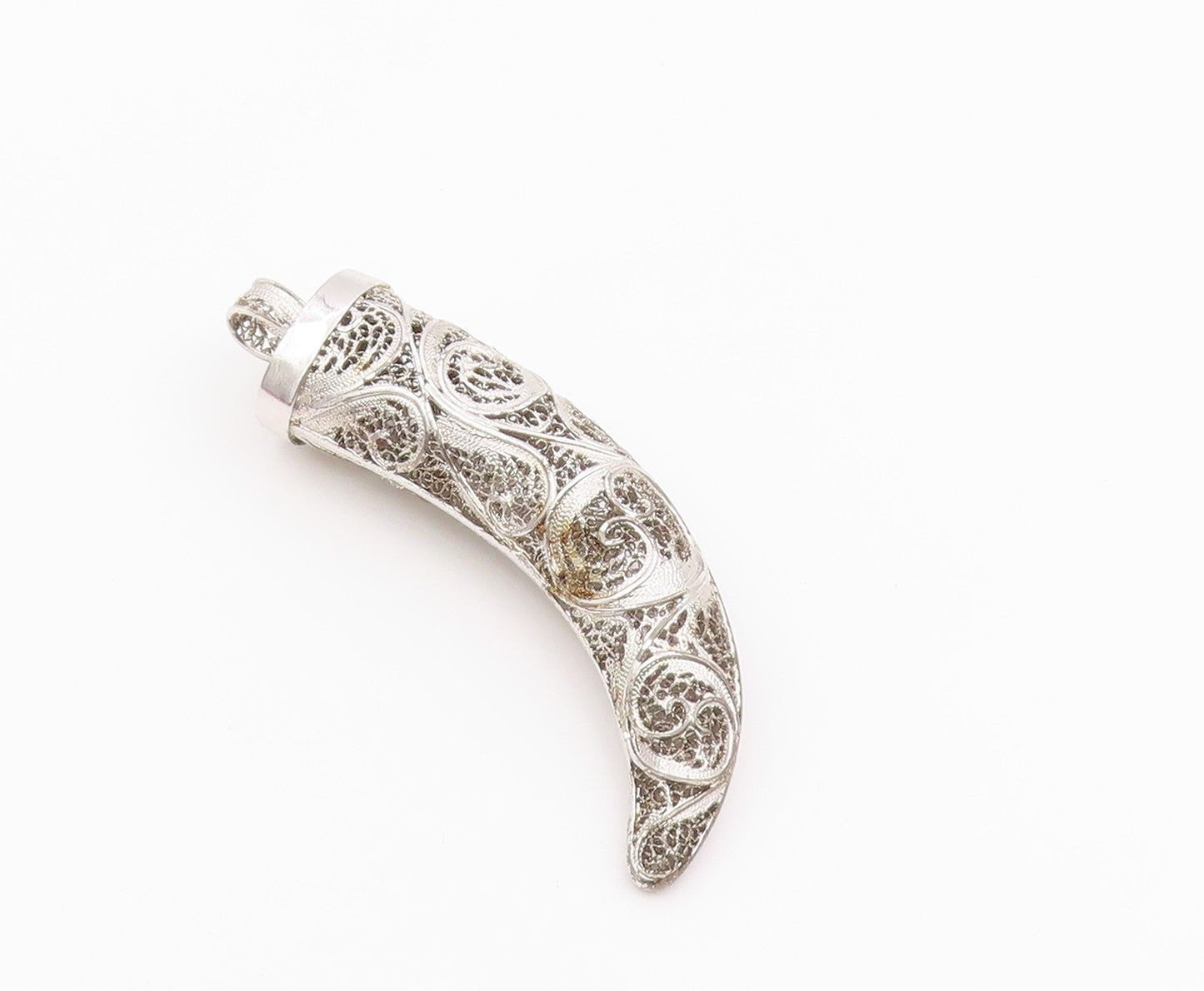 925 Sterling Silver Vintage Pendant VAN LOV Intricate Filigree Horn  PT26389