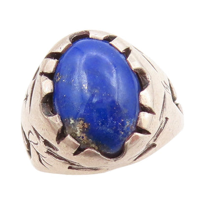 925 Sterling Silver Vintage Ring Solid Carved Band Lapis Lazuli  Sz 5  RG31811
