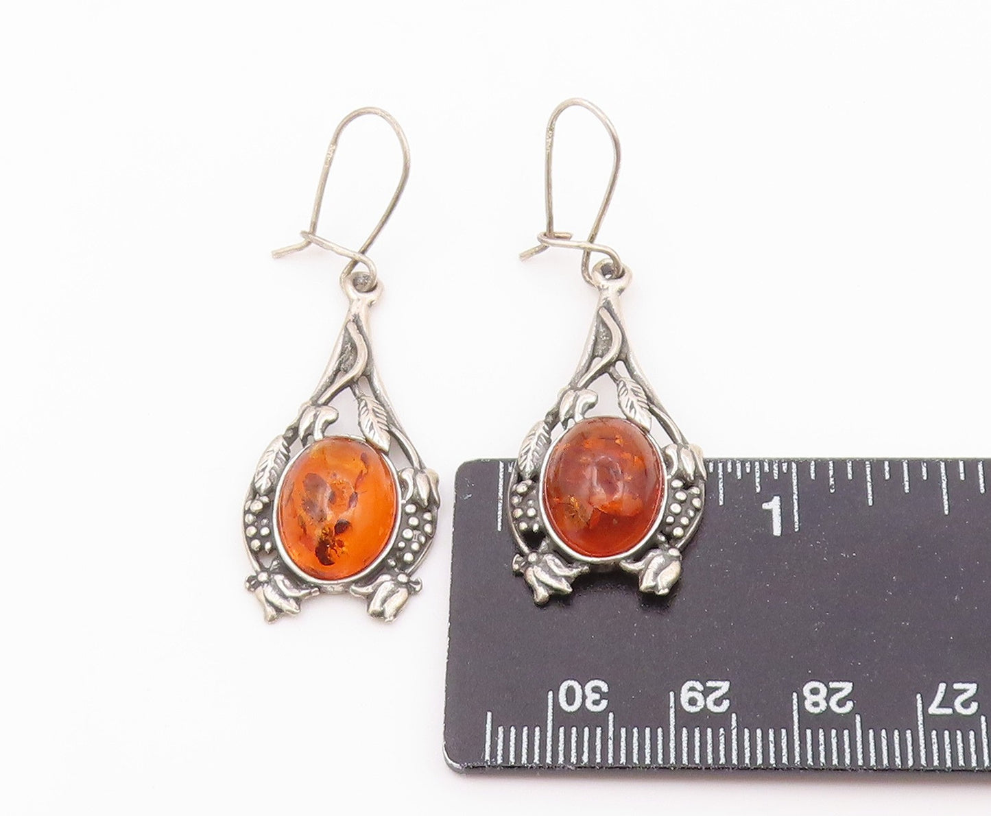 925 Sterling Silver Vintage Earrings Cabochon Amber Floral Motif Dangle  EG14512