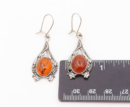 925 Sterling Silver Vintage Earrings Cabochon Amber Floral Motif Dangle  EG14512