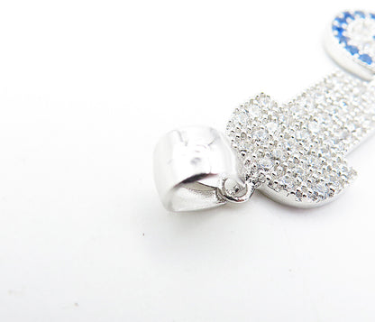 925 Sterling Silver  Petite Shiny Cubic Zirconia Hamsa Evil Eye Pendant PT5921