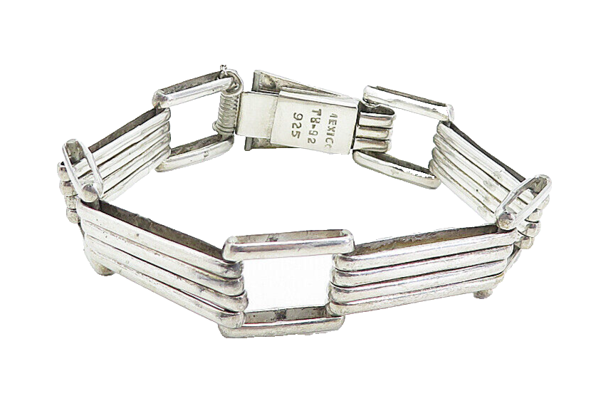MEXICO 925 Sterling Silver  Vintage Fluted Bar Link Chain Bracelet  BT2809