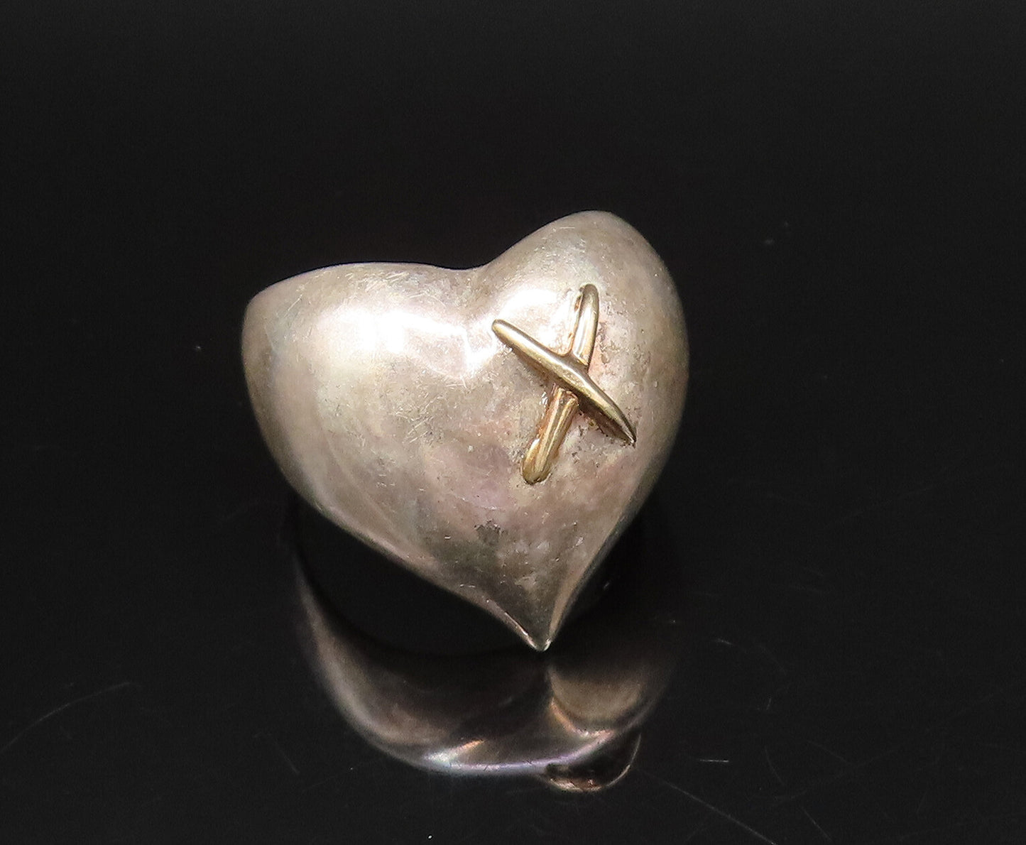 14K GOLD & 925 Silver  Vintage Minimal Love Heart With X Ring Sz 5.75  RG26072