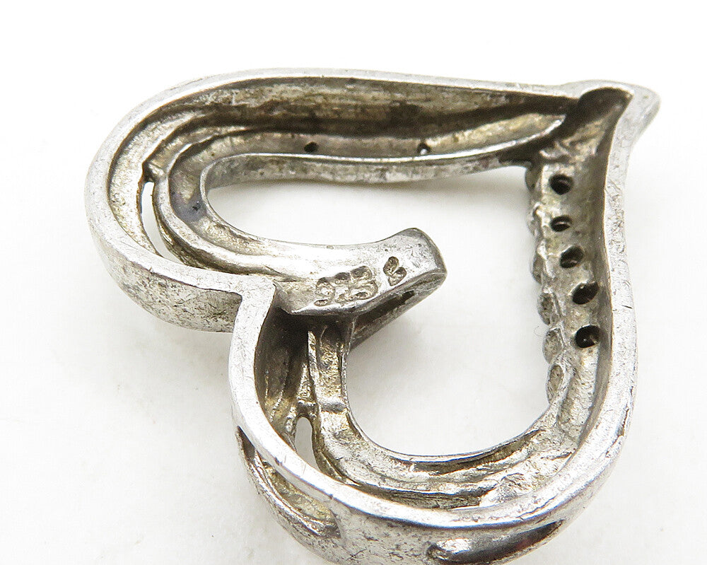 925 Sterling Silver  Vintage Genuine Diamonds Open Love Heart Pendant  PT15546