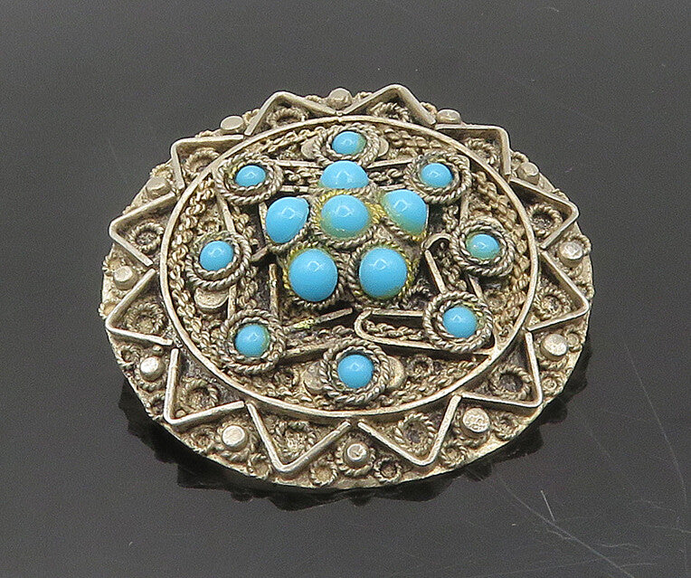 ISRAEL 925 Silver  Vintage Antique Turquoise Floral Pattern Brooch Pin  BP7645