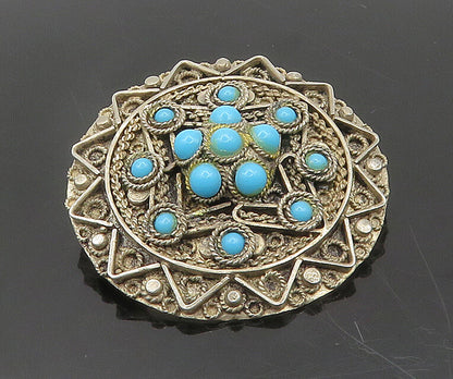 ISRAEL 925 Silver  Vintage Antique Turquoise Floral Pattern Brooch Pin  BP7645