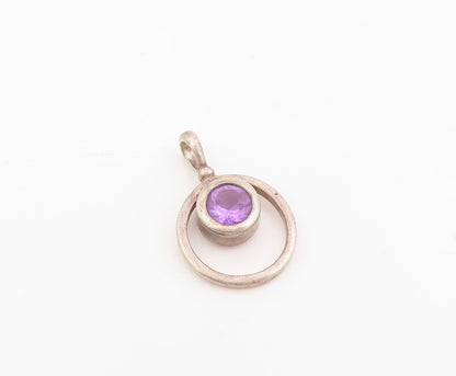 925 Sterling Silver Vintage Pendant Bezel Set Amethyst Circular Charm  PT25497