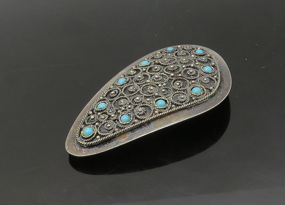 ISRAEL 925 Silver  Vintage Antique Turquoise Ornate Twist  Brooch Pin  BP8690