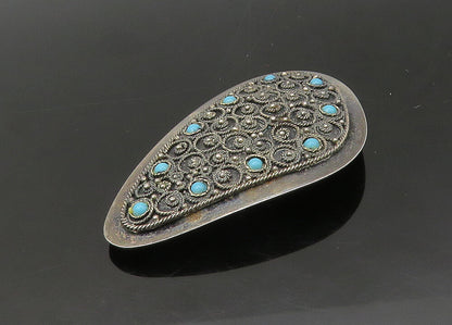ISRAEL 925 Silver  Vintage Antique Turquoise Ornate Twist  Brooch Pin  BP8690